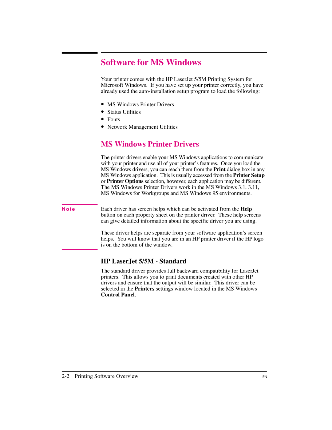 HP manual Software for MS Windows, MS Windows Printer Drivers, HP LaserJet 5/5M Standard 