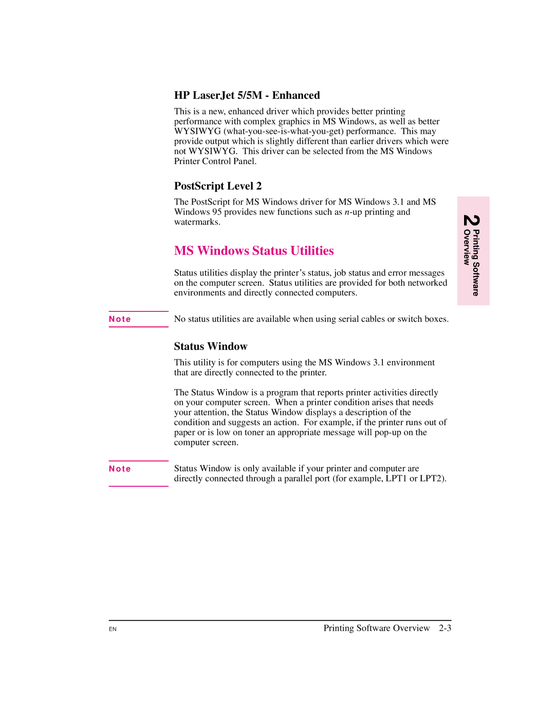 HP manual MS Windows Status Utilities, HP LaserJet 5/5M Enhanced, PostScript Level, Status Window 