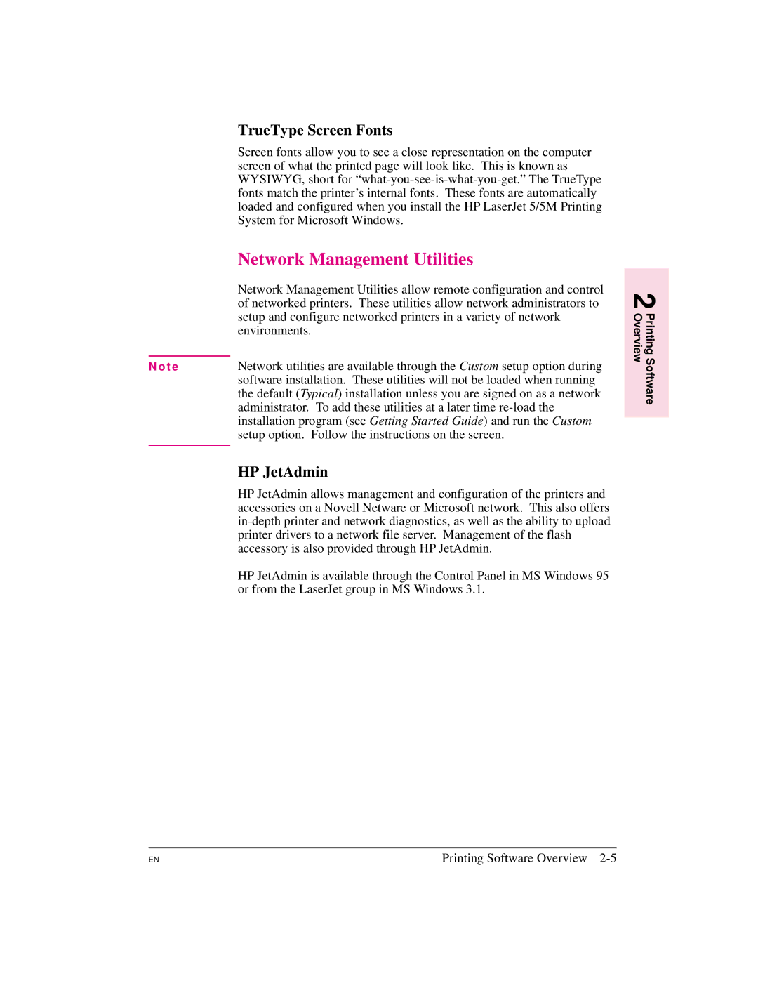 HP 5M manual Network Management Utilities, TrueType Screen Fonts, HP JetAdmin 