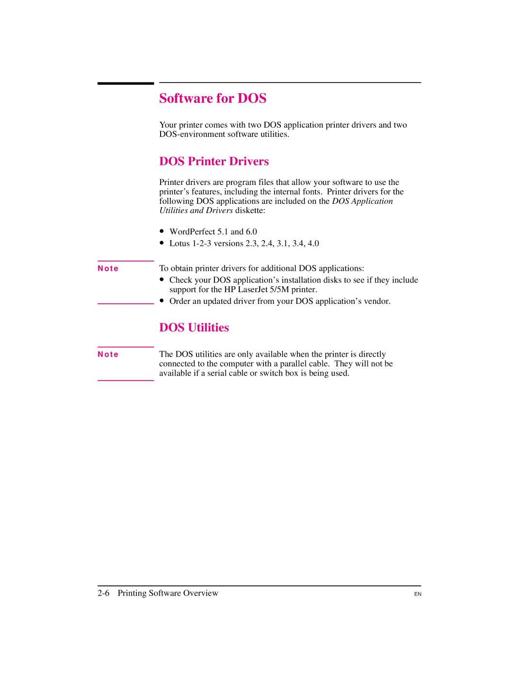 HP 5M manual Software for DOS, DOS Printer Drivers, DOS Utilities 