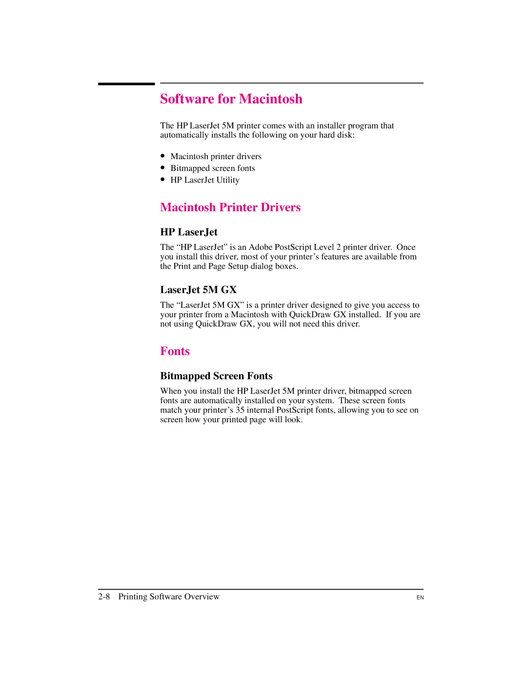 HP manual Software for Macintosh, Macintosh Printer Drivers, HP LaserJet, LaserJet 5M GX, Bitmapped Screen Fonts 