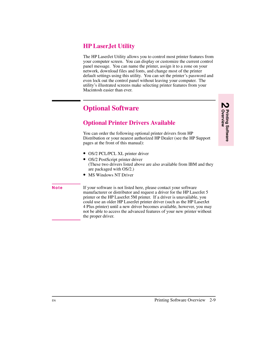 HP 5M manual Optional Software, HP LaserJet Utility, Optional Printer Drivers Available 