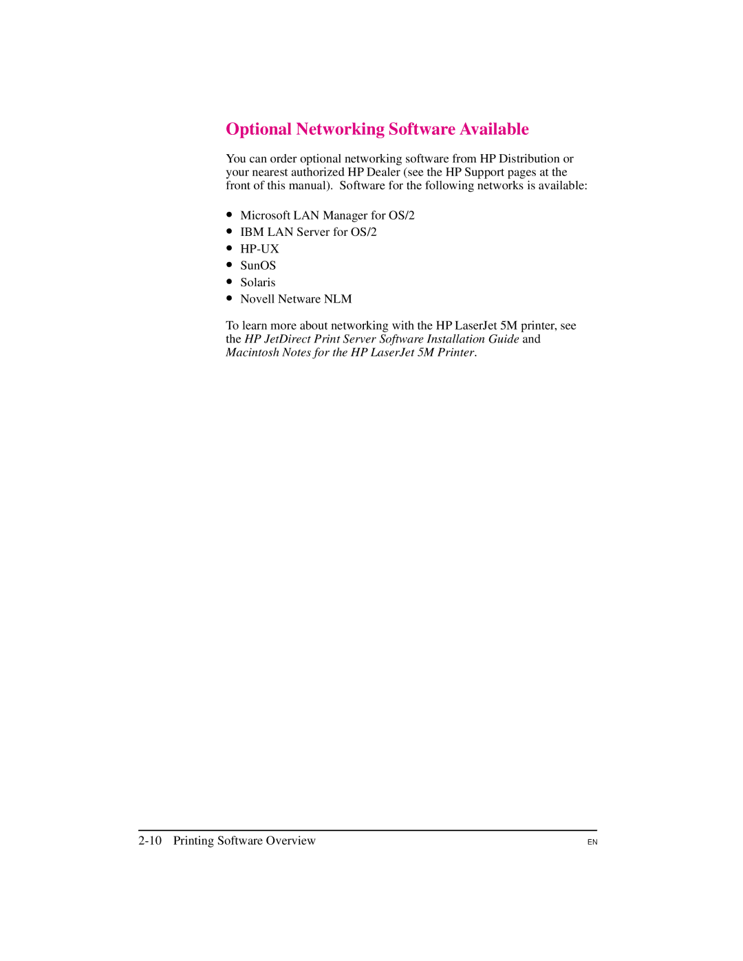 HP 5M manual Optional Networking Software Available, Hp-Ux 