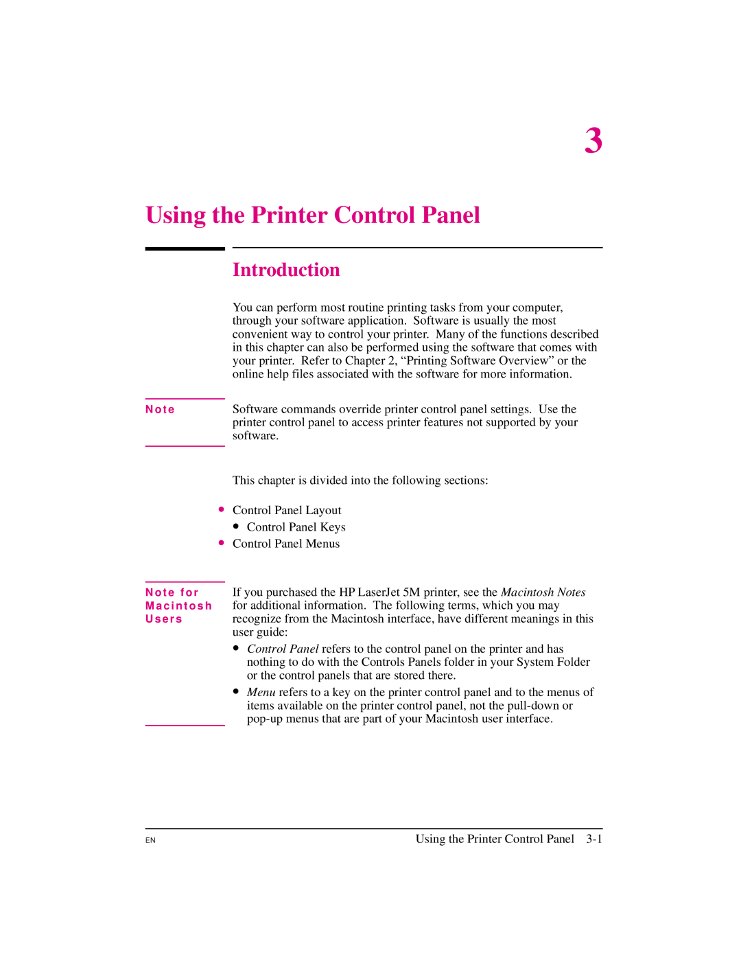 HP 5M manual Using the Printer Control Panel, T e f o r M a c i n t o s h U s e r s 