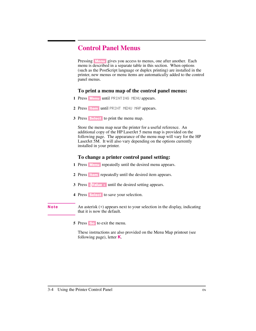 HP 5M Control Panel Menus, To print a menu map of the control panel menus, To change a printer control panel setting 