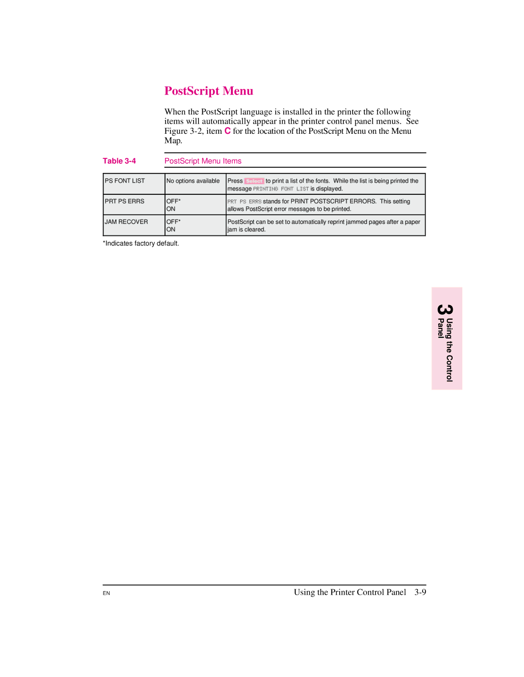 HP 5M manual PostScript Menu, PS Font List, PRT PS Errs OFF, JAM Recover OFF 