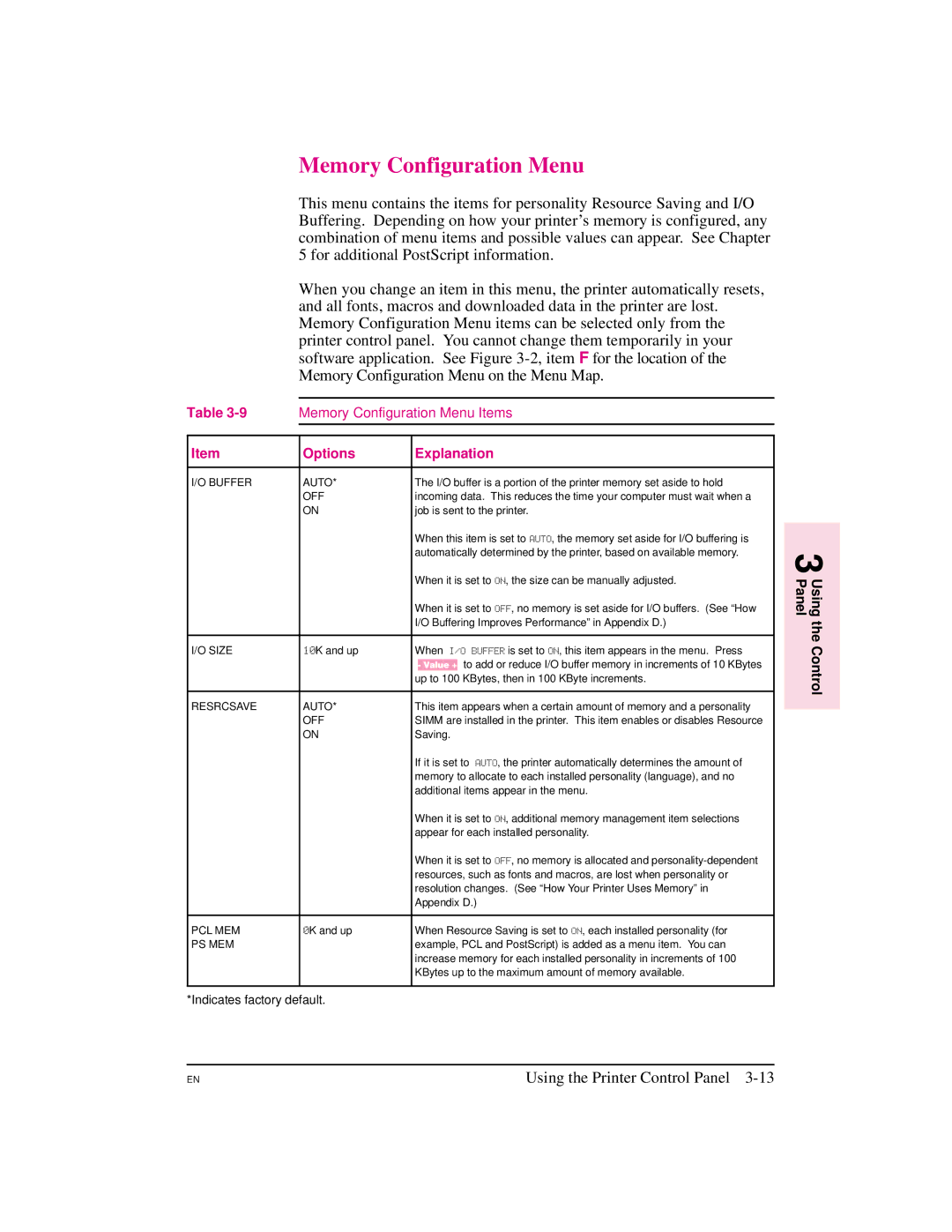 HP 5M manual Memory Configuration Menu, Buffer Auto, Resrcsave Auto, Pcl Mem, Ps Mem 