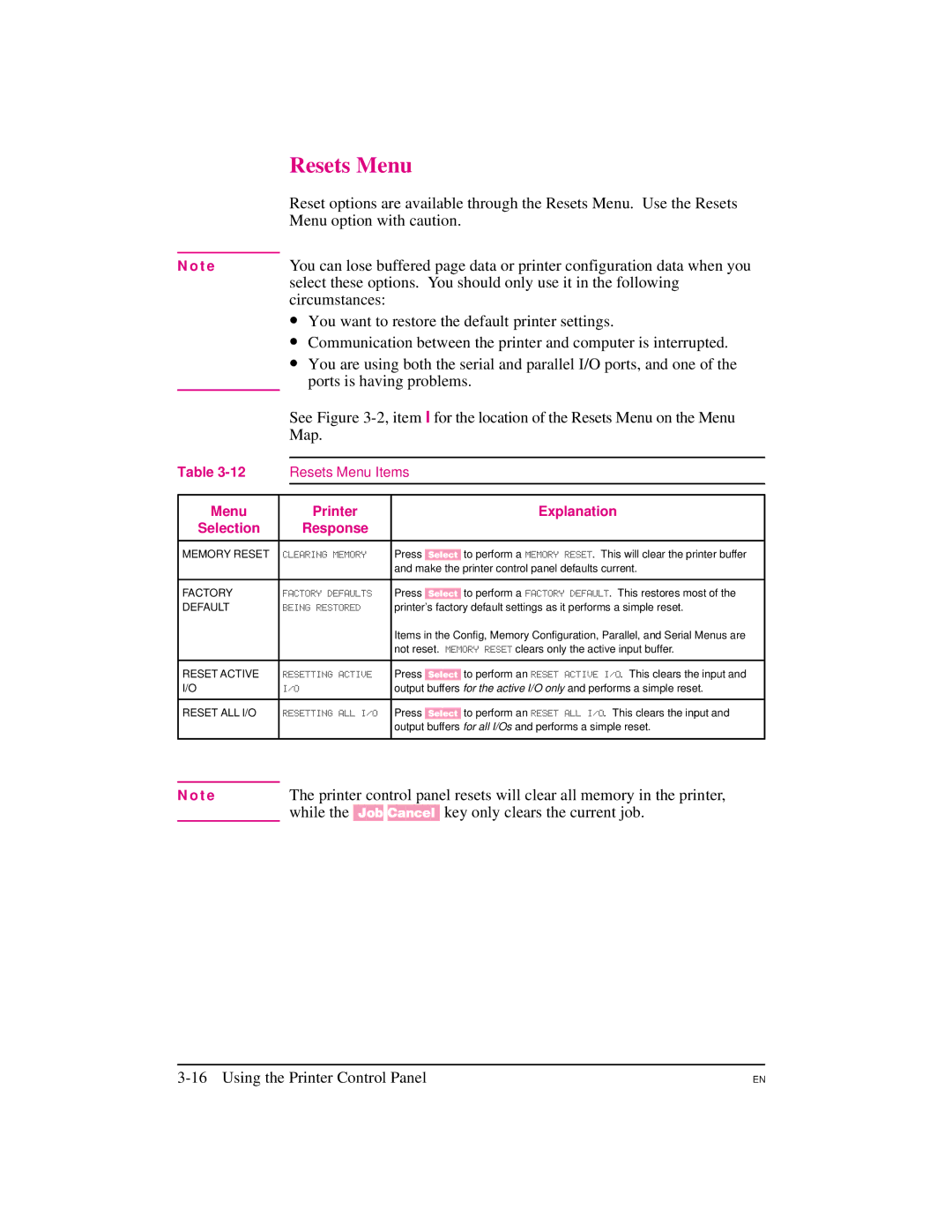 HP 5M manual Resets Menu, Menu option with caution, While the Job Cancel key only clears the current job 