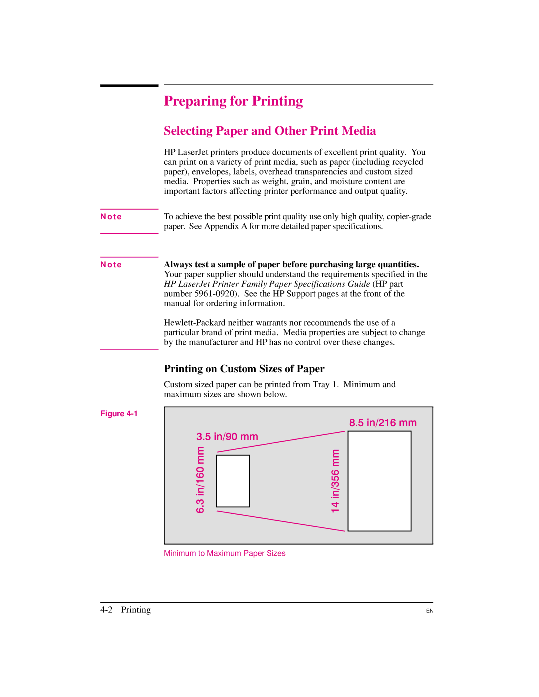 HP 5M manual Preparing for Printing, Selecting Paper and Other Print Media, Printing on Custom Sizes of Paper 