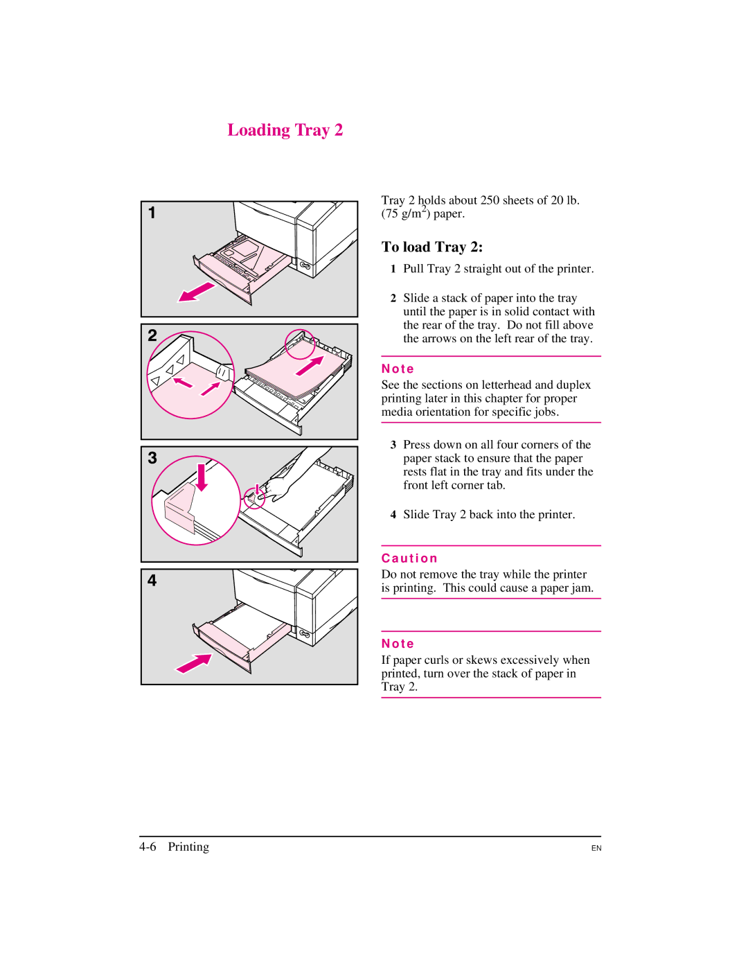 HP 5M manual Loading Tray, To load Tray, Tray 2 holds about 250 sheets of 20 lb g/m2 paper 