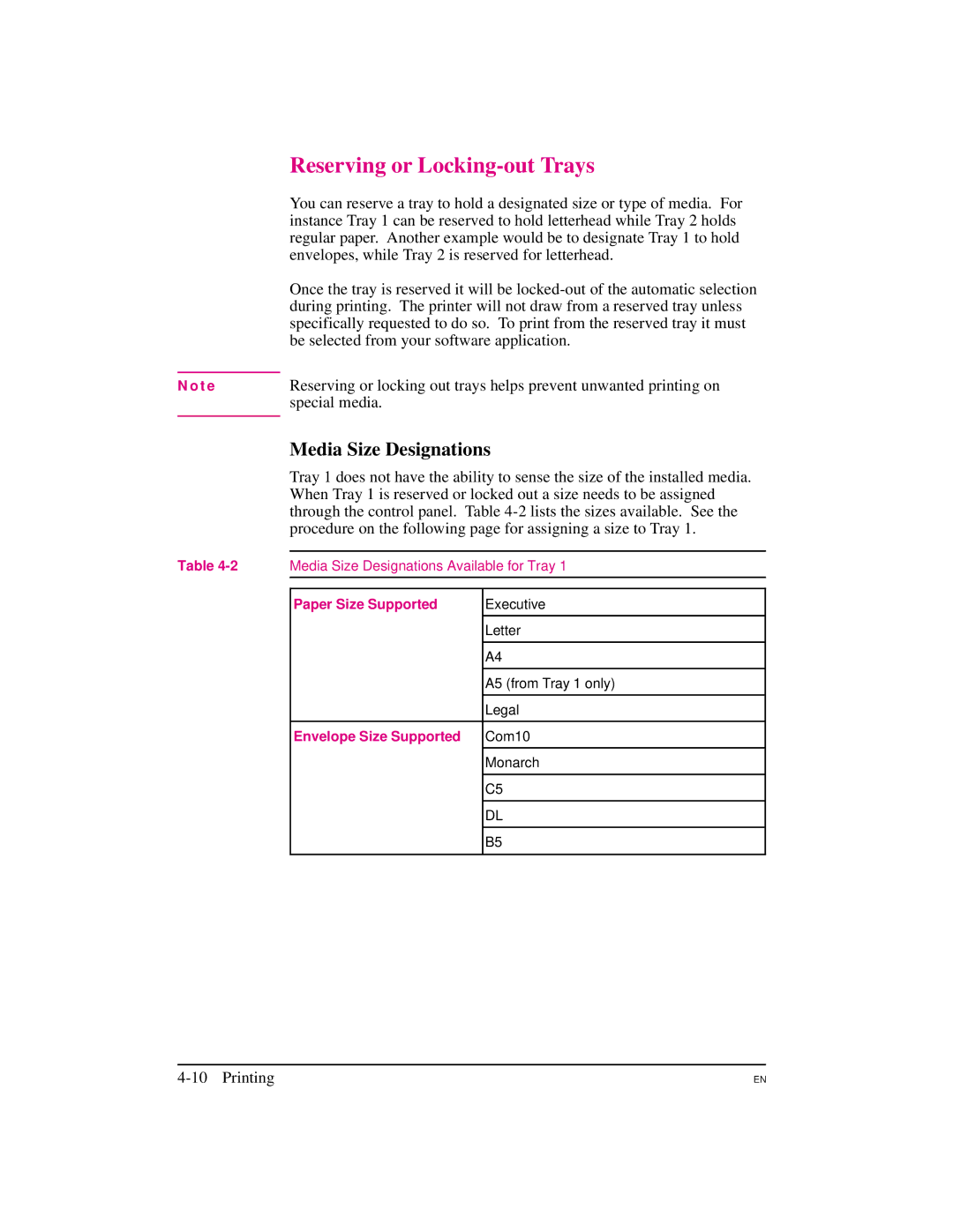 HP 5M manual Reserving or Locking-out Trays, Media Size Designations, Envelopes, while Tray 2 is reserved for letterhead 