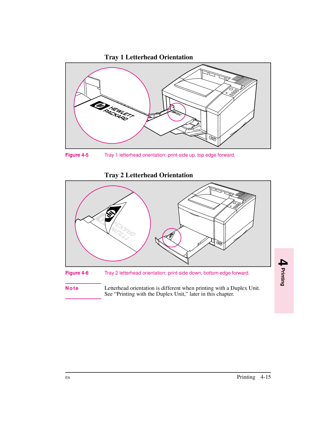 HP 5M manual Tray 1 Letterhead Orientation, Tray 2 Letterhead Orientation 