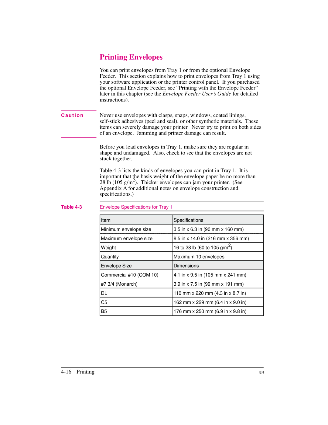 HP 5M manual Printing Envelopes, An envelope. Jamming and printer damage can result 