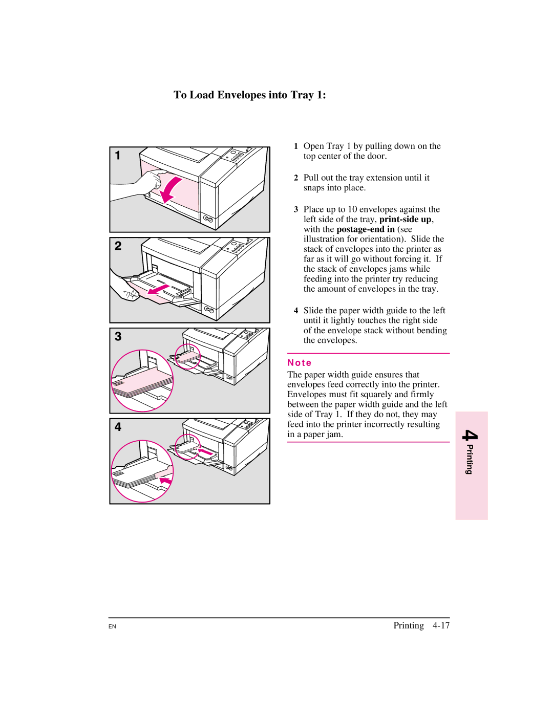 HP 5M manual To Load Envelopes into Tray, A paper jam 