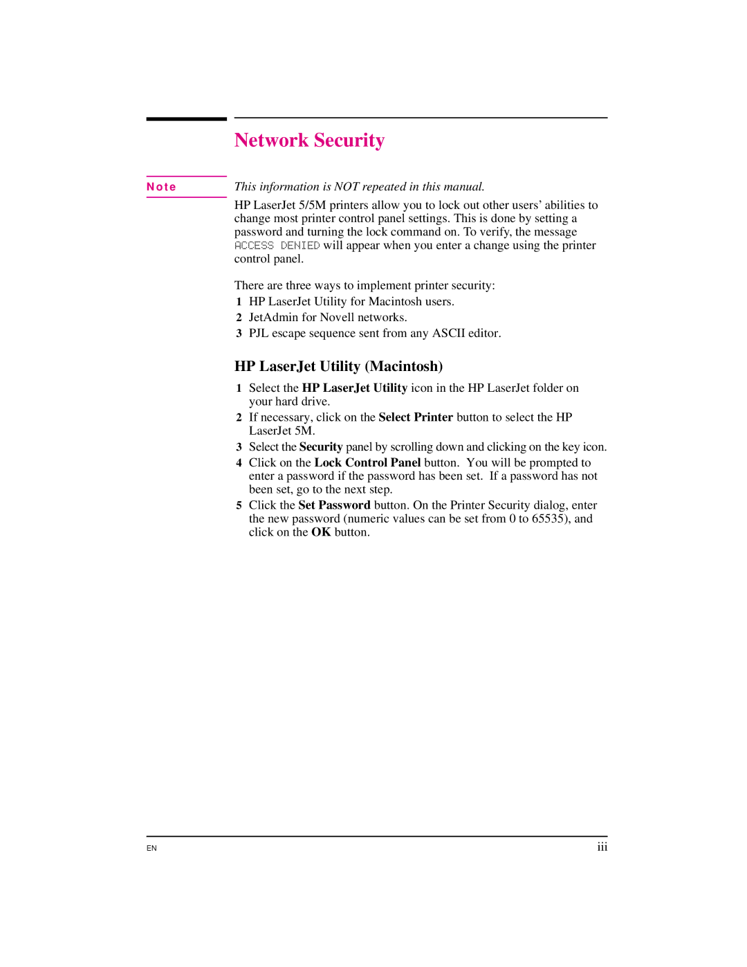 HP 5M manual Network Security, HP LaserJet Utility Macintosh 