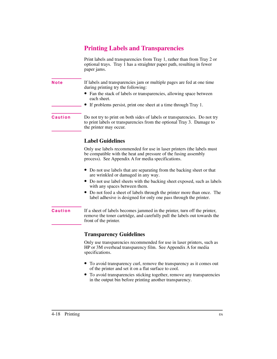 HP 5M manual Printing Labels and Transparencies, Label Guidelines, Transparency Guidelines 