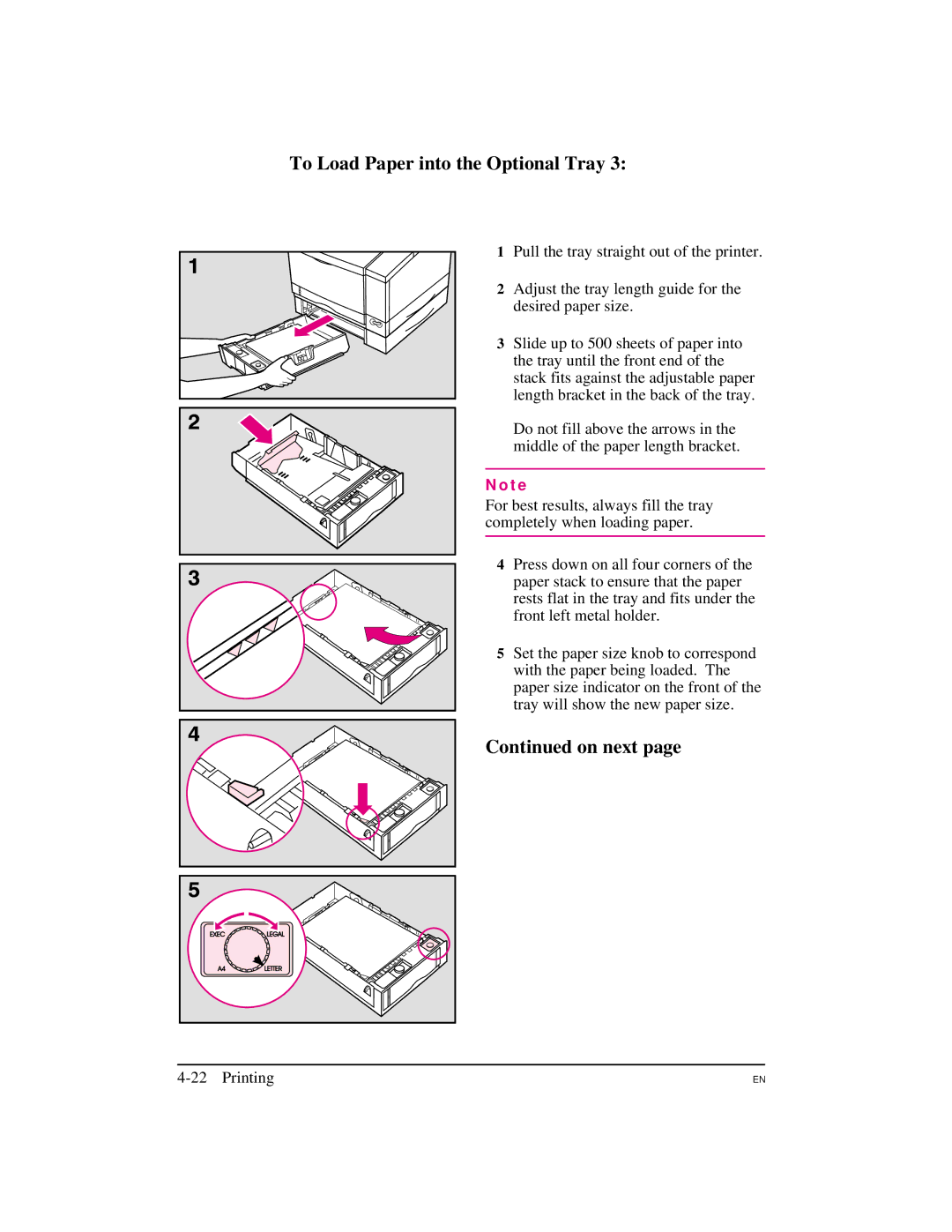 HP 5M manual To Load Paper into the Optional Tray, On next 