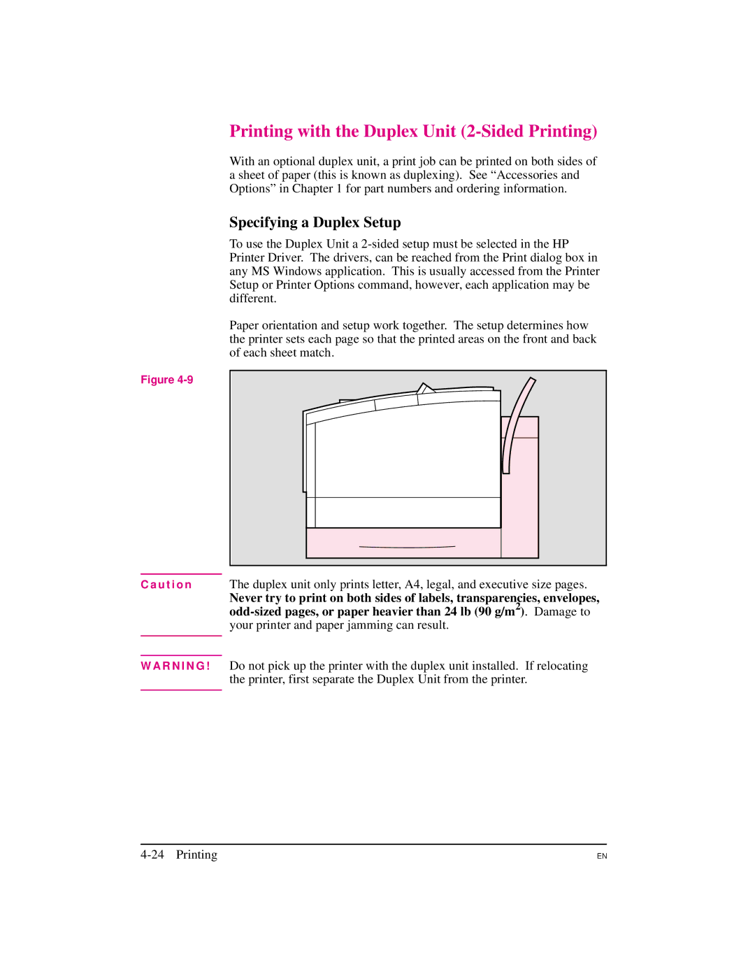 HP 5M manual Printing with the Duplex Unit 2-Sided Printing, Specifying a Duplex Setup 