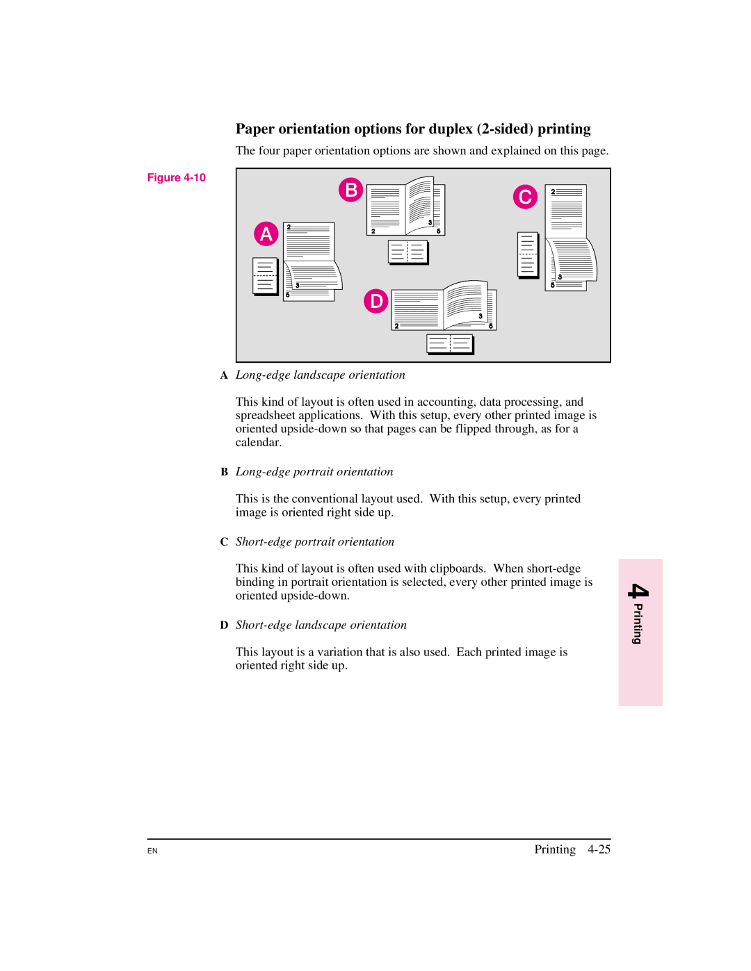 HP 5M manual Paper orientation options for duplex 2-sided printing, Long-edge landscape orientation 