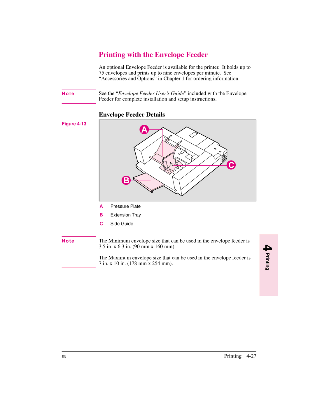 HP 5M Printing with the Envelope Feeder, Envelope Feeder Details, Feeder for complete installation and setup instructions 