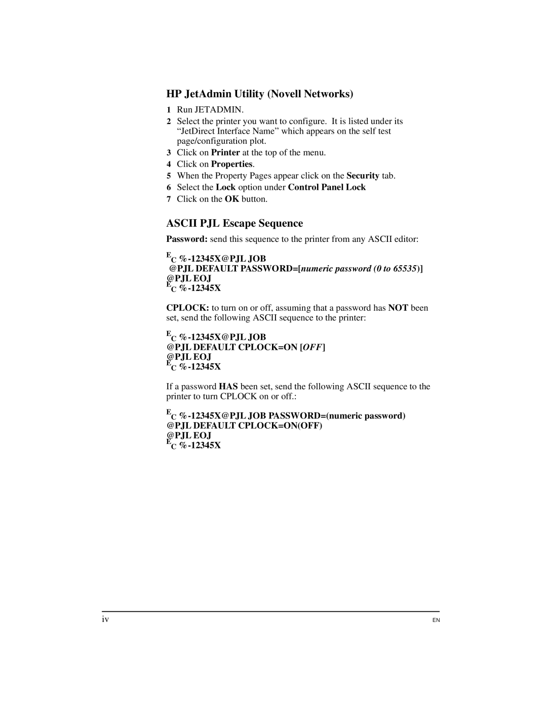 HP 5M manual HP JetAdmin Utility Novell Networks, Ascii PJL Escape Sequence 