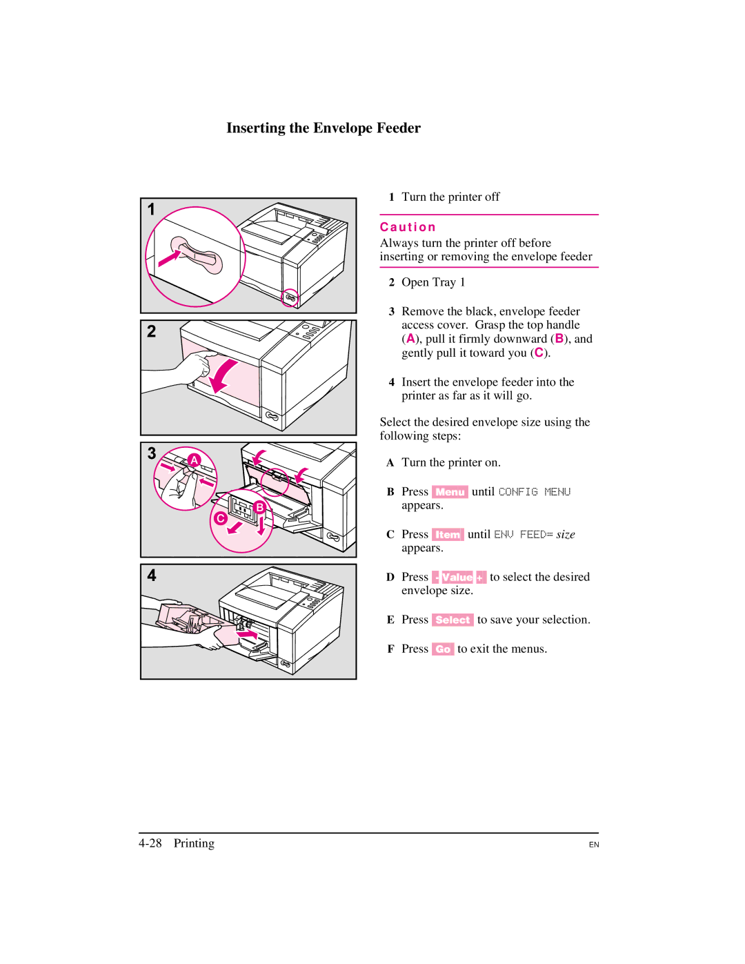 HP 5M manual Inserting the Envelope Feeder, Turn the printer off 