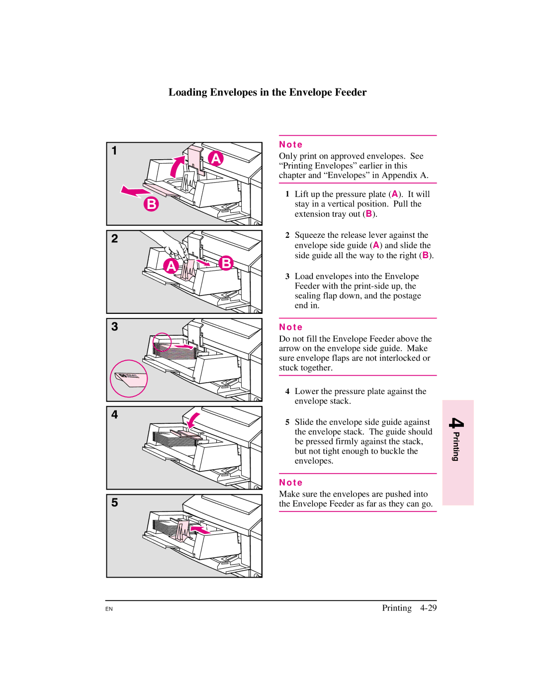 HP 5M manual Loading Envelopes in the Envelope Feeder 