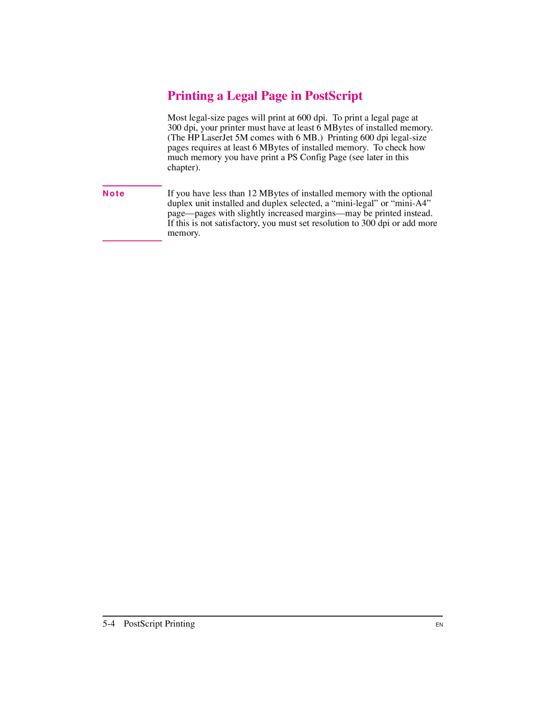 HP Printing a Legal Page in PostScript, HP LaserJet 5M comes with 6 MB. Printing 600 dpi legal-size, Chapter, Memory 