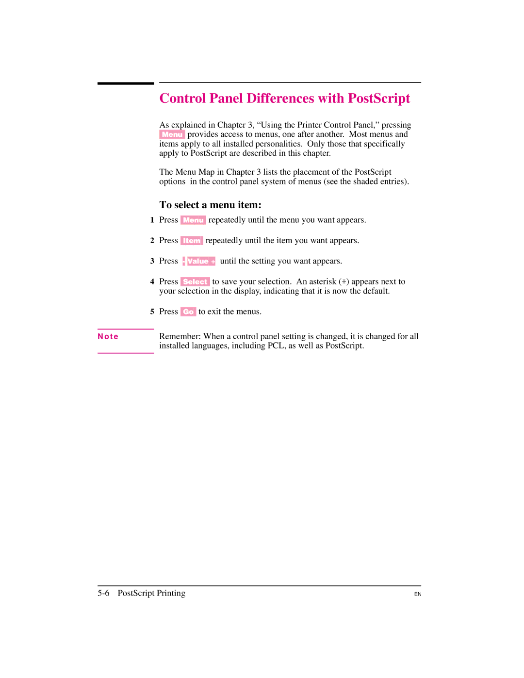 HP 5M manual Control Panel Differences with PostScript, To select a menu item 