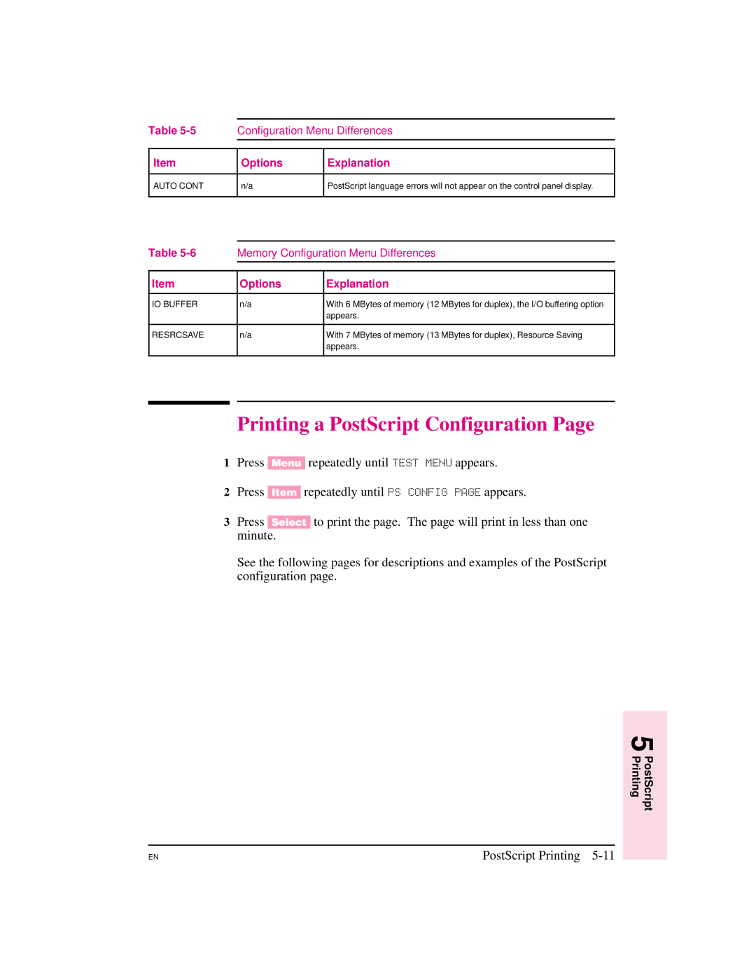 HP 5M manual Printing a PostScript Configuration, Configuration Menu Differences, IO Buffer, Resrcsave 