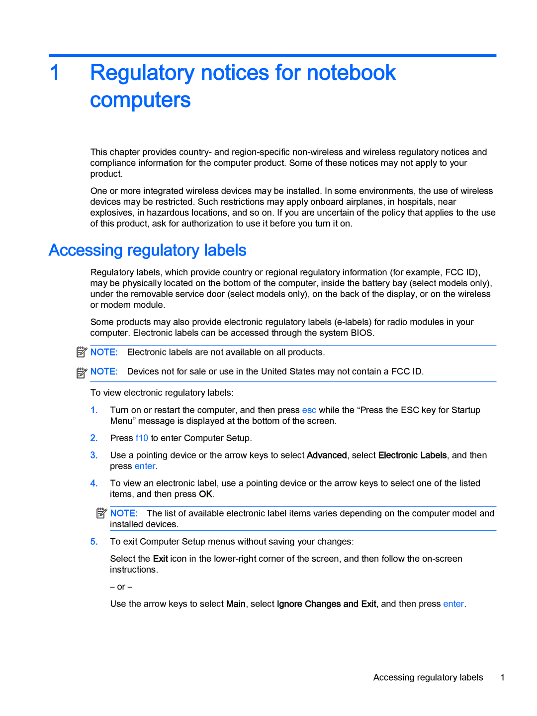 HP 23-b232, 500-017c, 500-010xt, 500-000t, 500-018 Regulatory notices for notebook computers, Accessing regulatory labels 