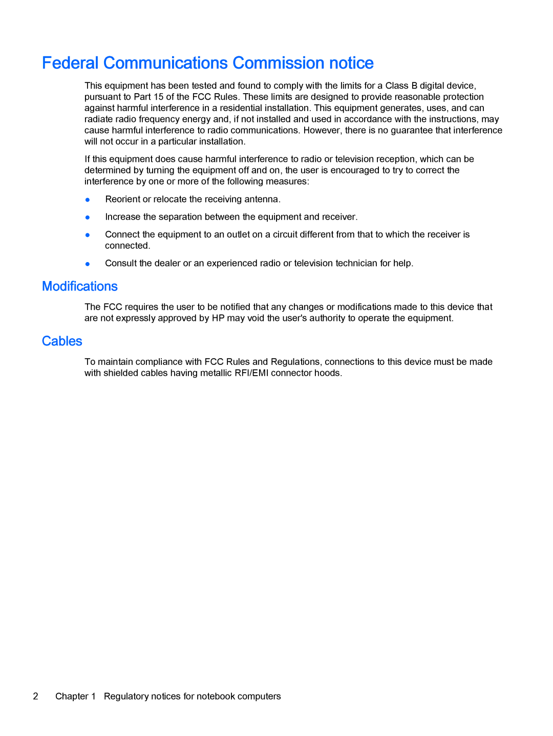 HP 23-b237c, 500-017c, 500-010xt, 500-000t, 500-018, 23-b390 Federal Communications Commission notice, Modifications, Cables 