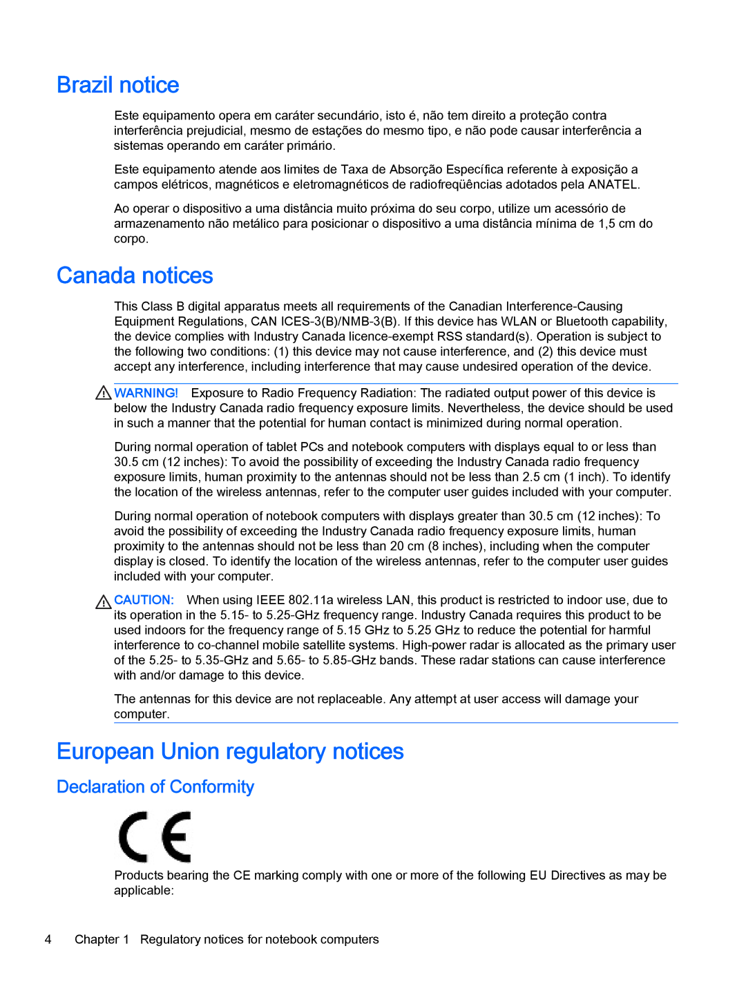 HP 23-b231, 500-017c, 500-010xt Brazil notice, Canada notices, European Union regulatory notices, Declaration of Conformity 