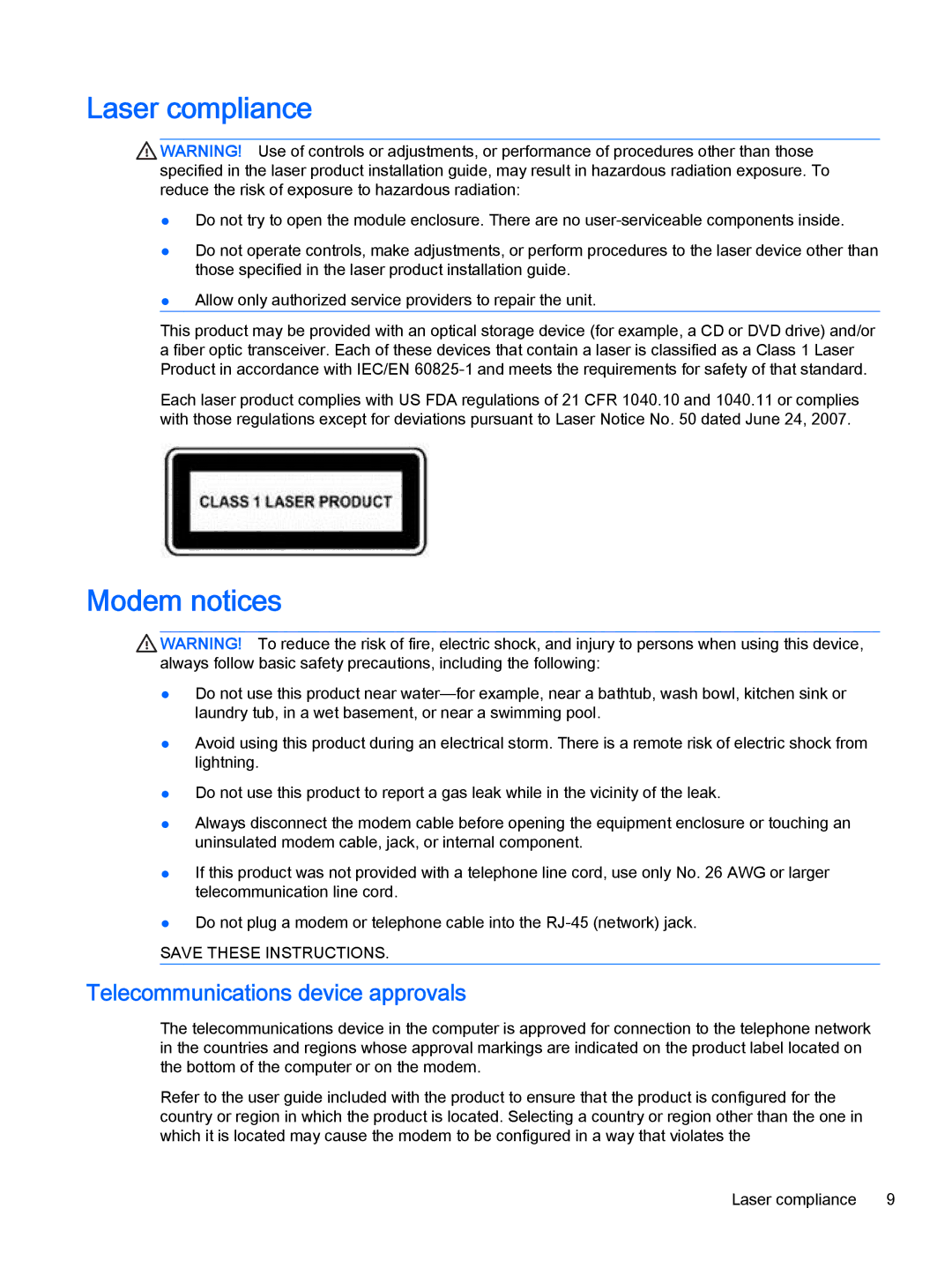 HP 23-f460xt, 500-017c, 500-010xt, 500-000t, 500-018 Laser compliance, Modem notices, Telecommunications device approvals 