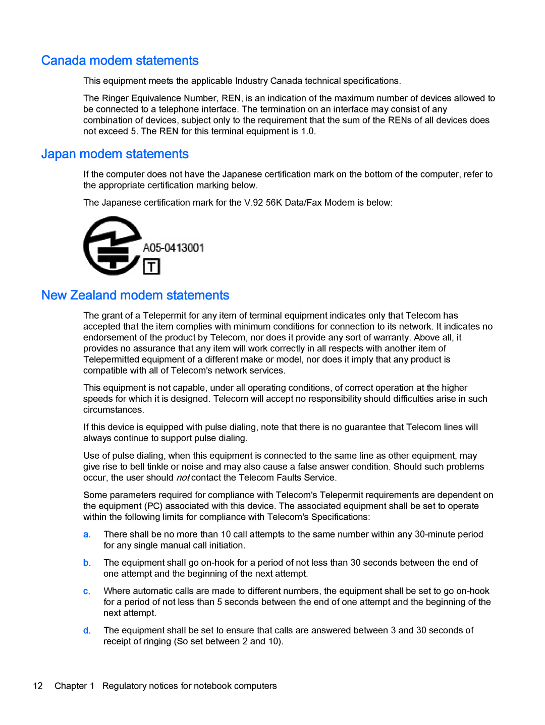 HP 500-d09w, 500-017c, 500-010xt, 500-000t Canada modem statements, Japan modem statements, New Zealand modem statements 