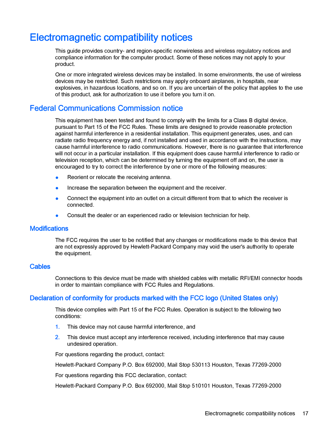 HP 500-389, 500-017c, 500-010xt, 500-000t Electromagnetic compatibility notices, Federal Communications Commission notice 