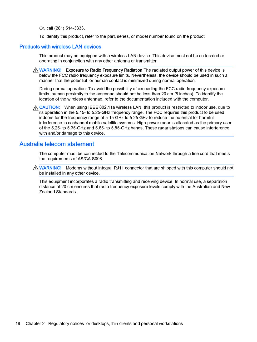 HP 500-359, 500-017c, 500-010xt, 500-000t, 500-018, 23-b390 Australia telecom statement, Products with wireless LAN devices 