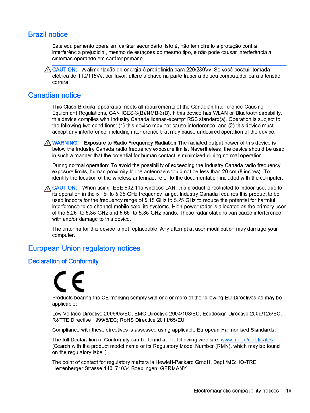 HP 500-336, 500-017c, 500-010xt, 500-000t, 500-018, 23-b390 Brazil notice, Canadian notice, European Union regulatory notices 