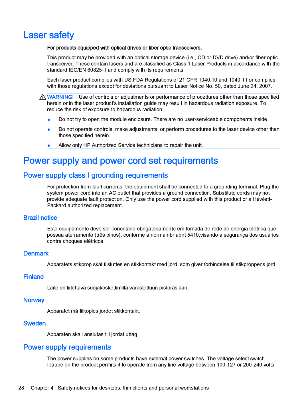 HP 500-129 manual Laser safety, Power supply and power cord set requirements, Power supply class I grounding requirements 