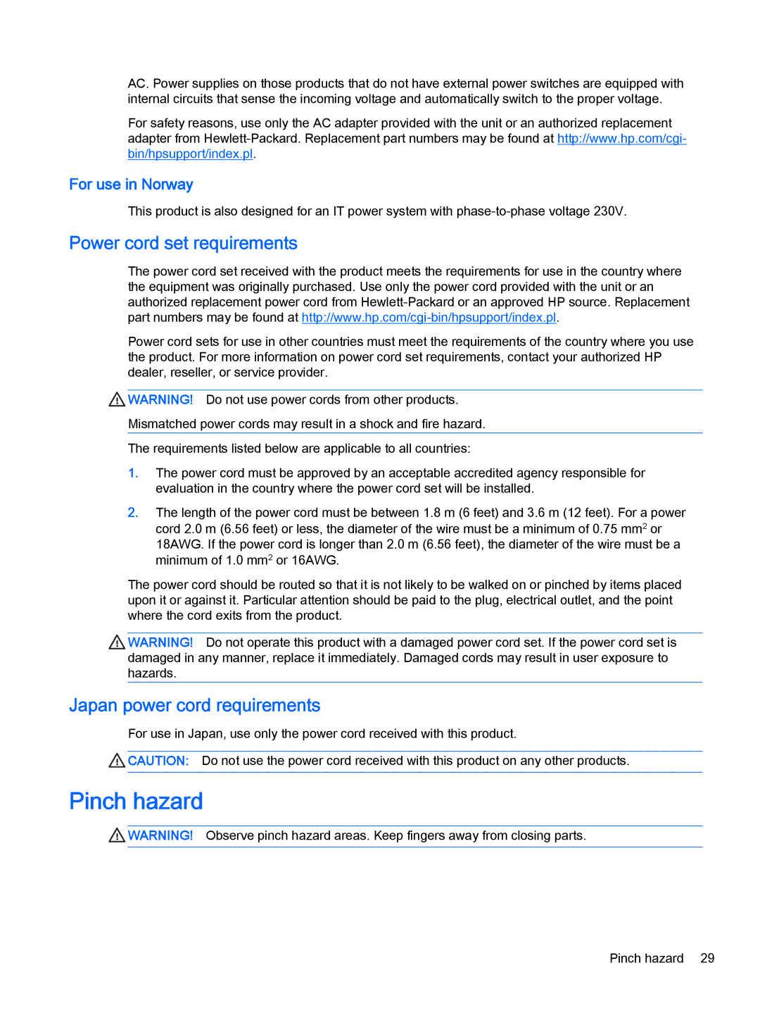 HP 500-118, 500-017c, 500-010xt, 500-000t, 500-018 Pinch hazard, Power cord set requirements, Japan power cord requirements 