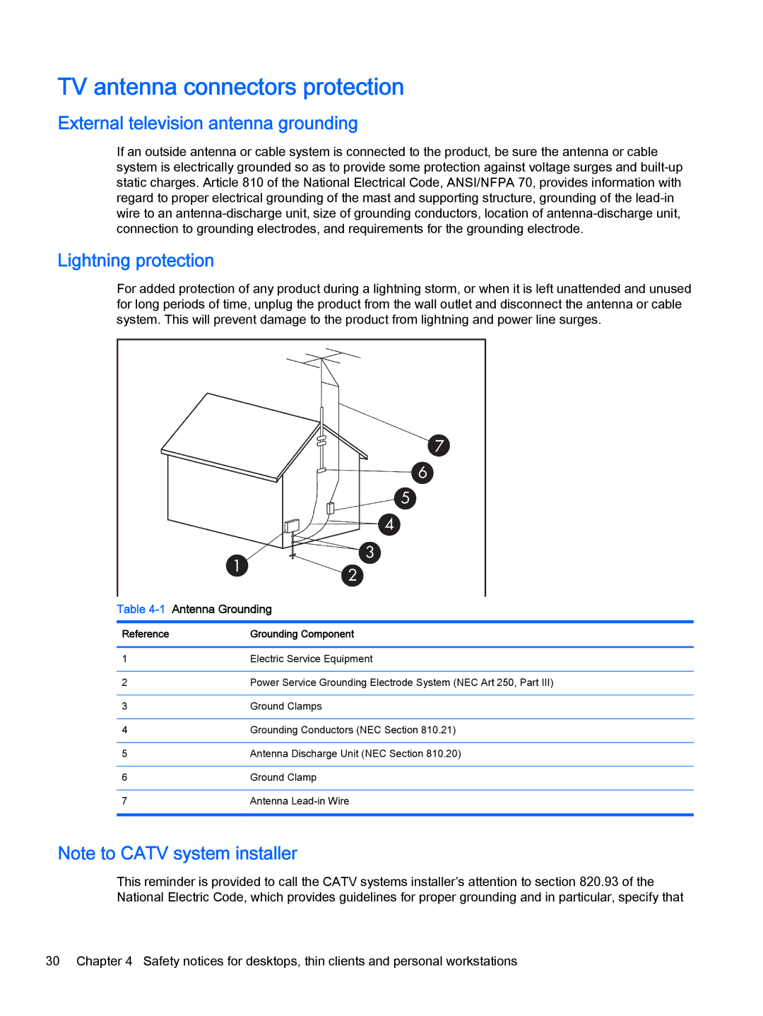 HP 500-119c, 500-017c manual TV antenna connectors protection, External television antenna grounding, Lightning protection 