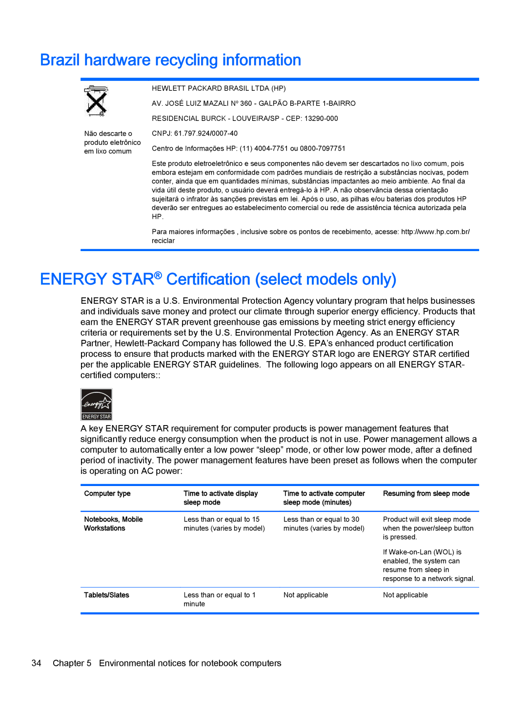 HP 500-075, 500-017c, 500-010xt, 500-018 Brazil hardware recycling information, Energy Star Certification select models only 