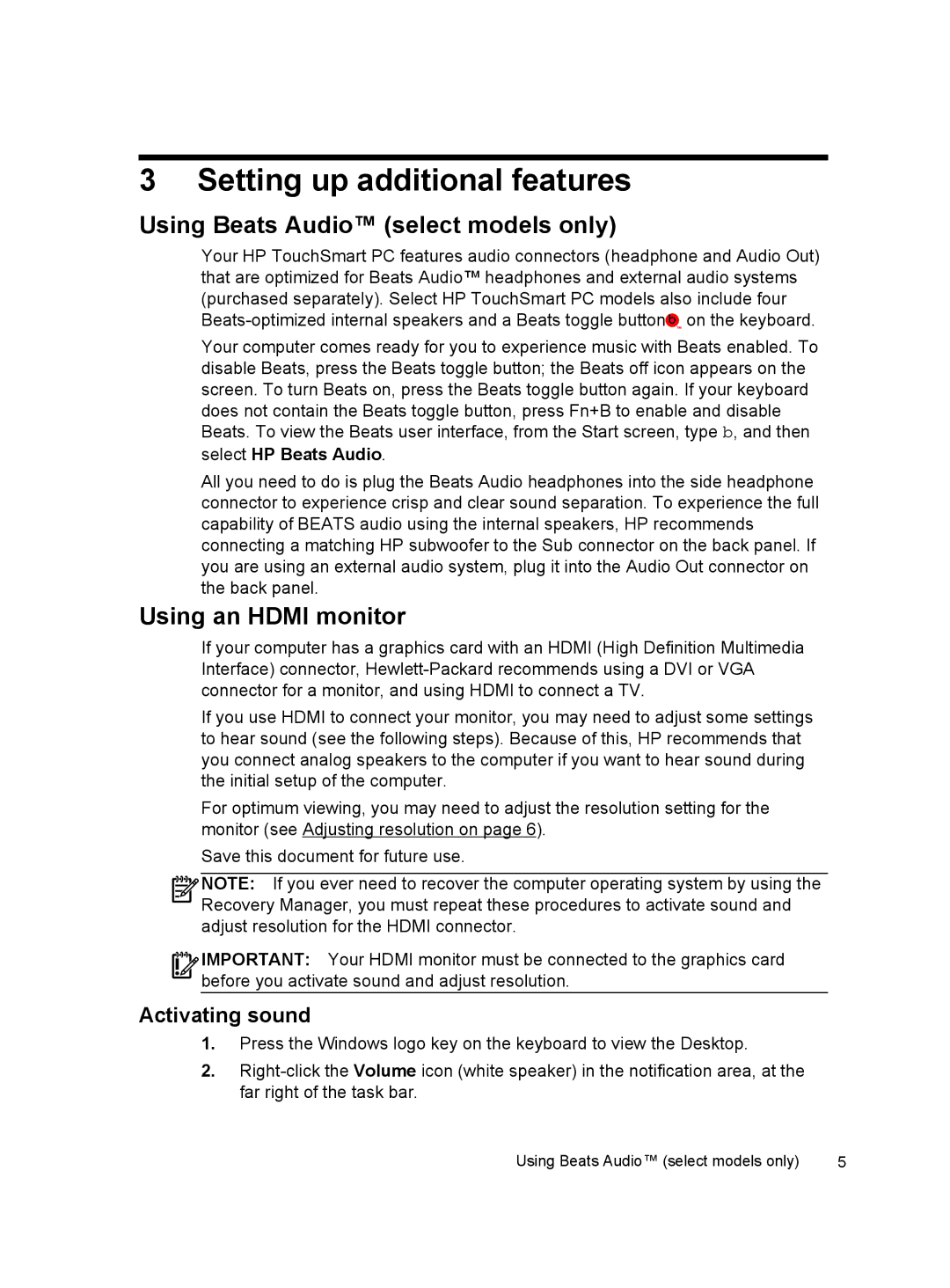 HP 500-a60, 500-017c, 500-016 Setting up additional features, Using Beats Audio select models only, Using an Hdmi monitor 