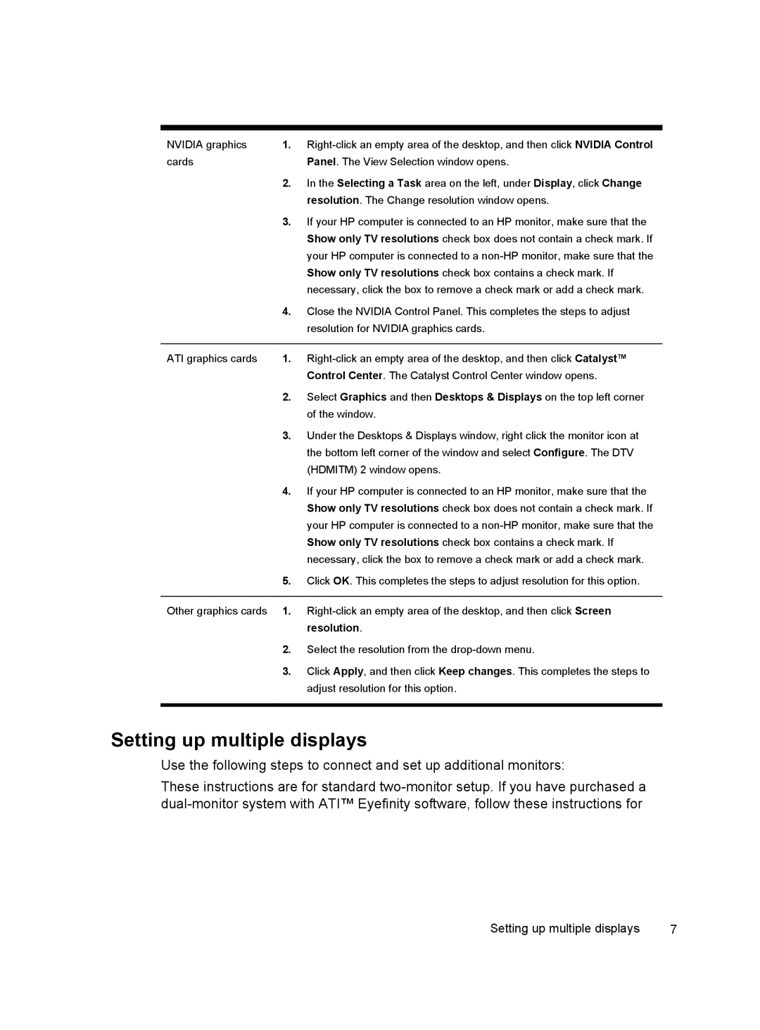 HP 500-359, 500-017c, 500-016, 500-010xt, 500-000t Setting up multiple displays, Resolution for Nvidia graphics cards 