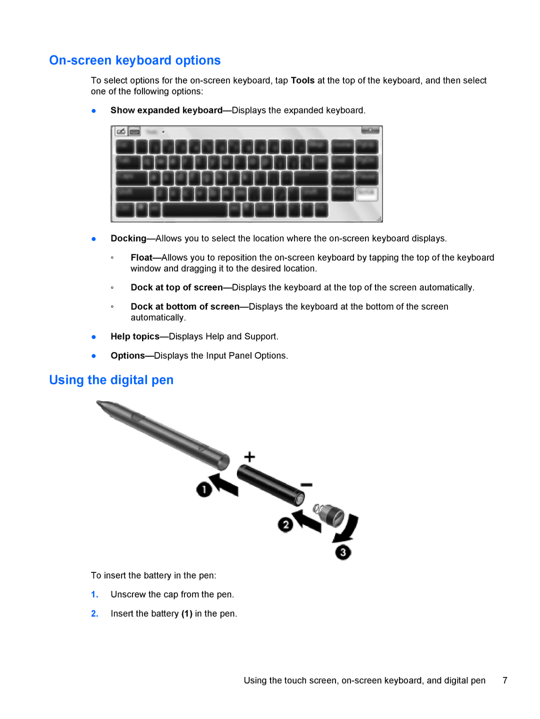 HP 500 manual On-screen keyboard options, Using the digital pen 