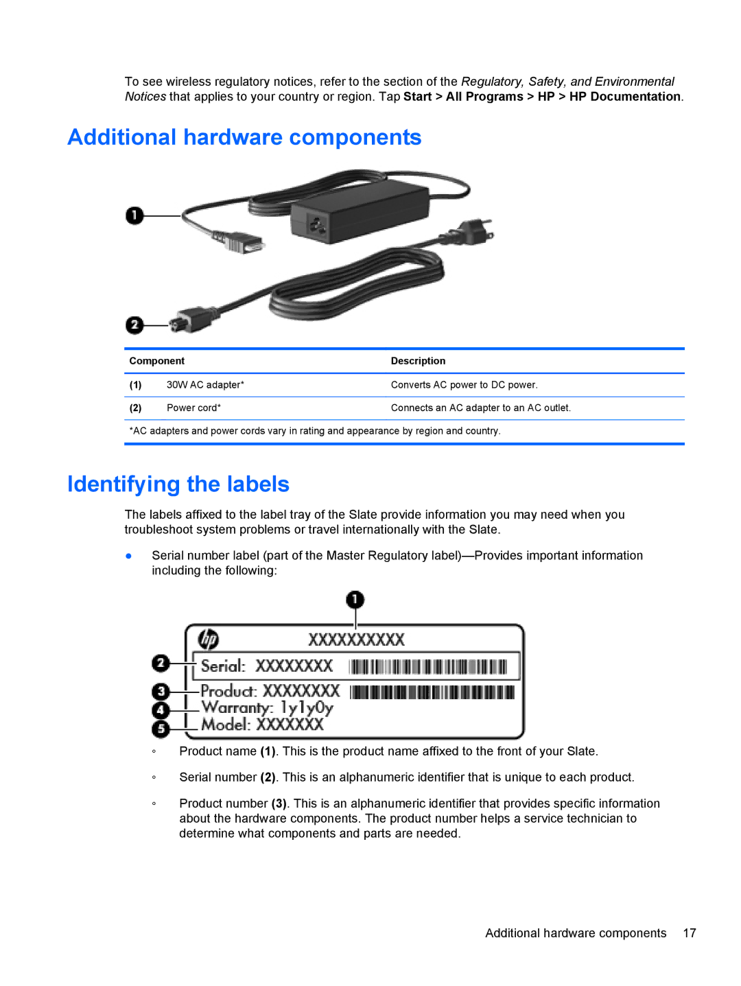 HP 500 manual Additional hardware components, Identifying the labels 