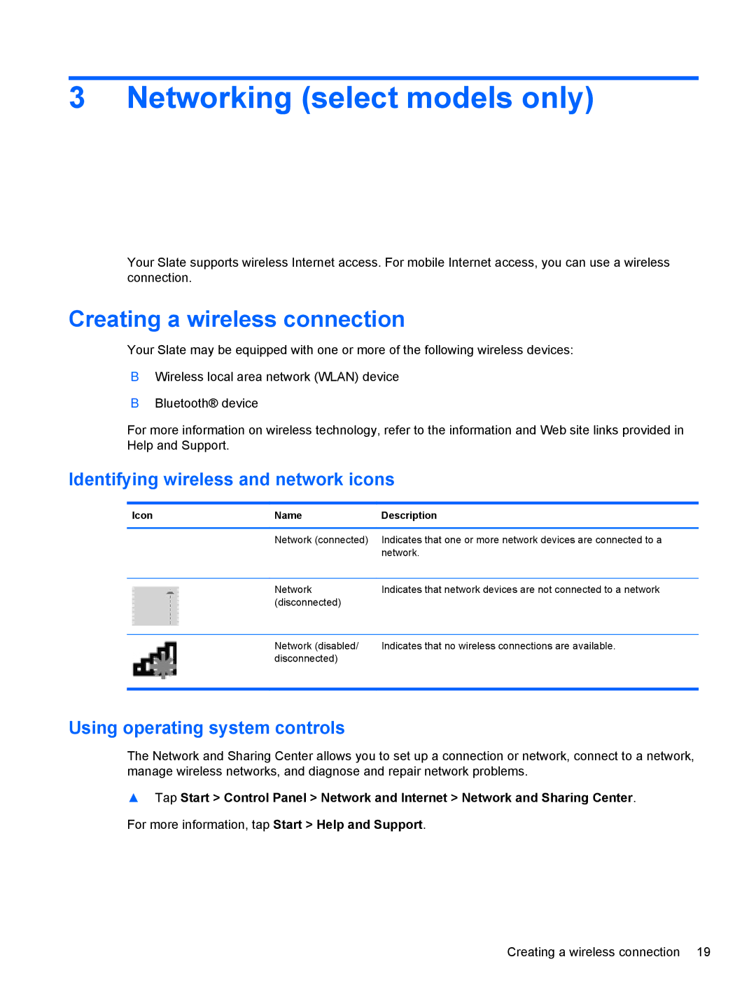 HP 500 manual Networking select models only, Creating a wireless connection, Identifying wireless and network icons 