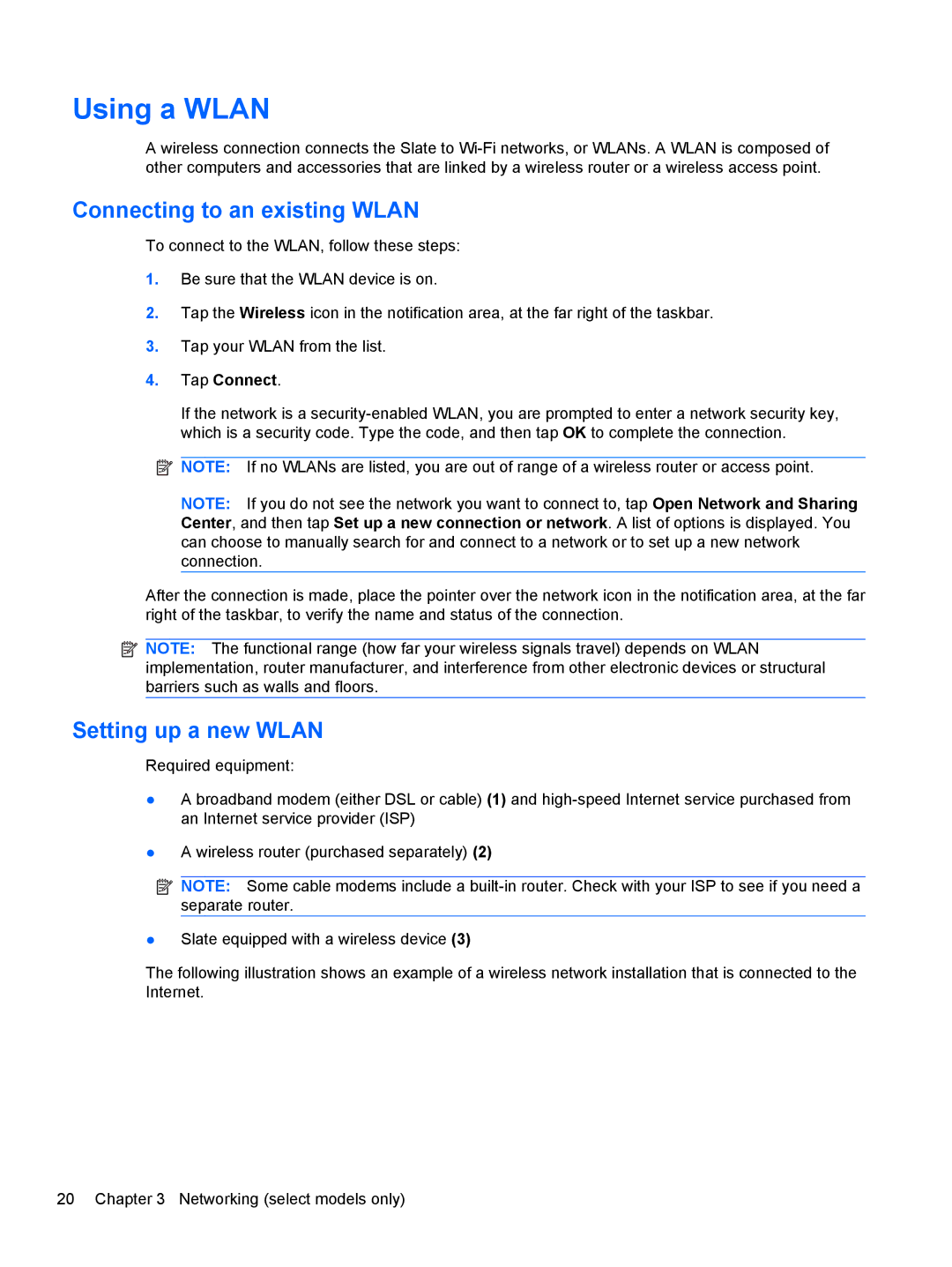 HP 500 manual Using a Wlan, Connecting to an existing Wlan, Setting up a new Wlan 