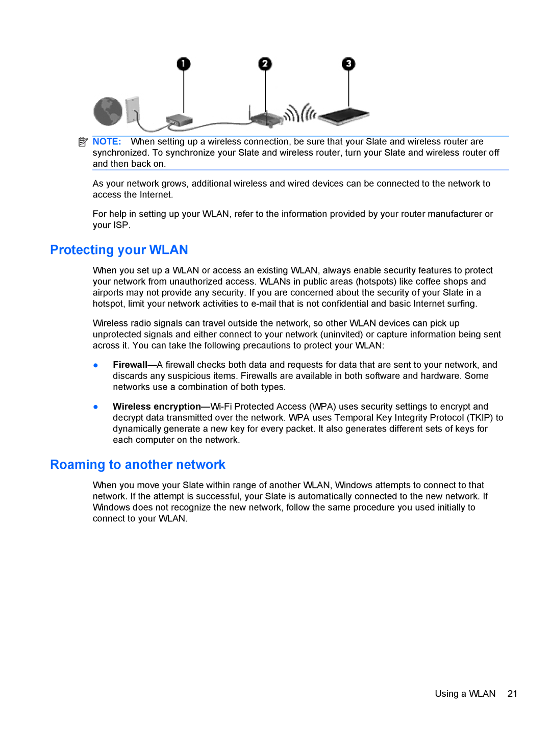 HP 500 manual Protecting your Wlan, Roaming to another network 