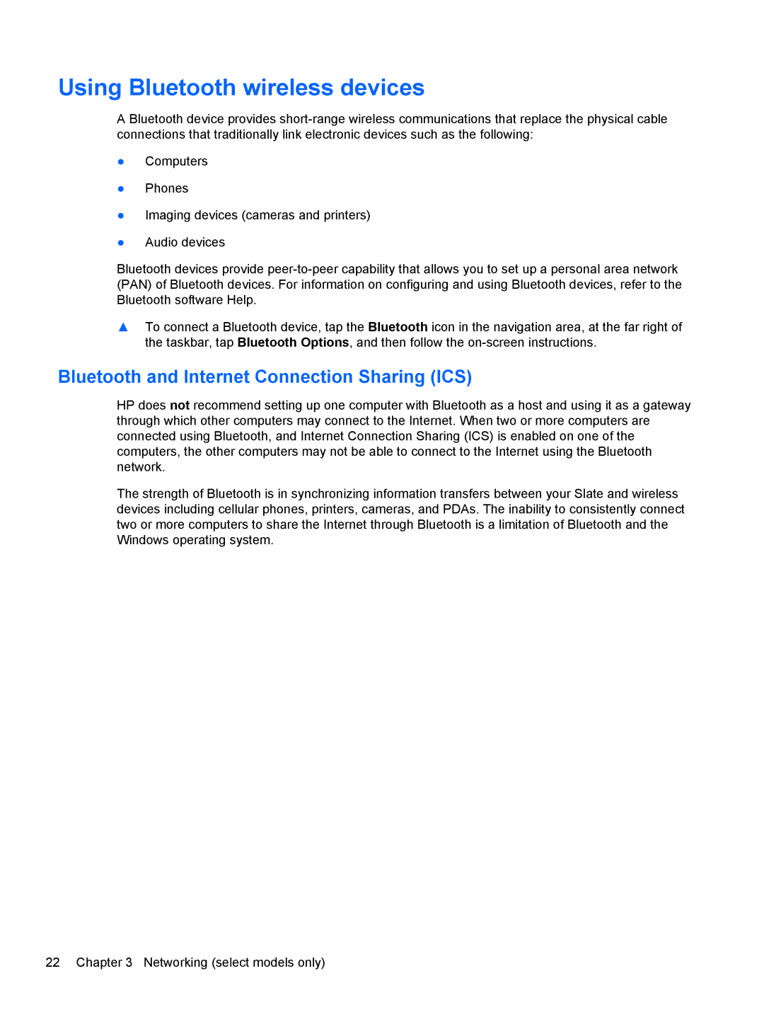 HP 500 manual Using Bluetooth wireless devices, Bluetooth and Internet Connection Sharing ICS 